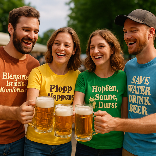 Festival-Besucher stoßen mit Bier an und tragen Bier T Shirts als Gruppensymbol