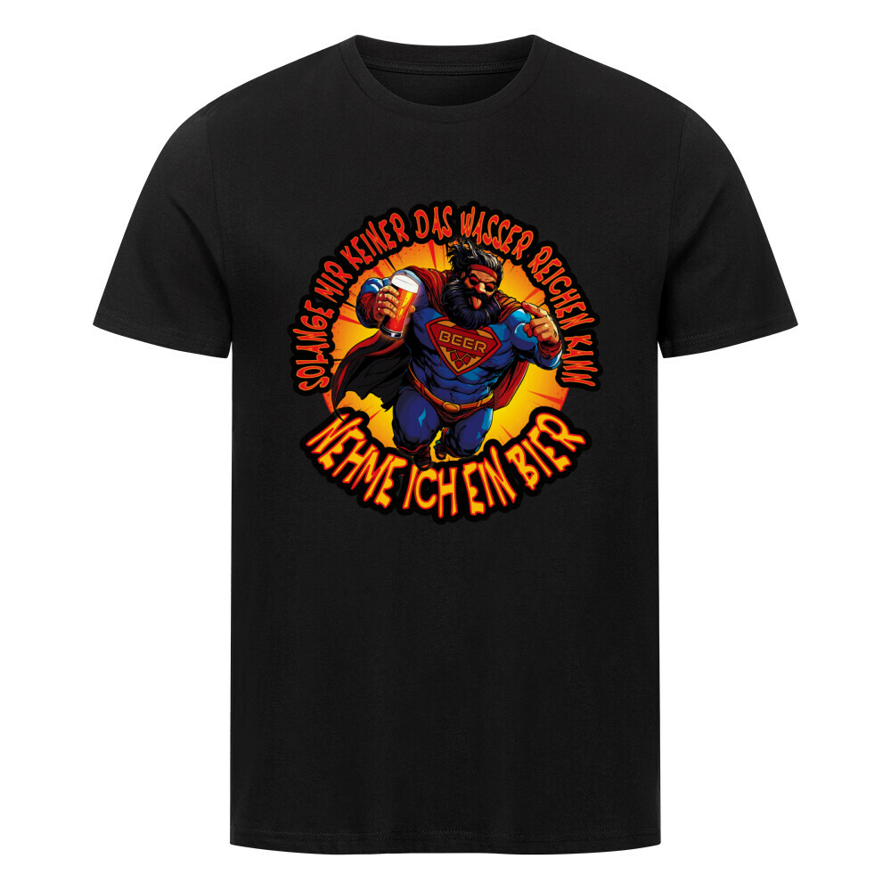 Lustiges Bier-T-Shirt „Alphahund“ mit Actionheld, langen Haaren, rotem Stirnband, Sonnenbrille und Bierflasche