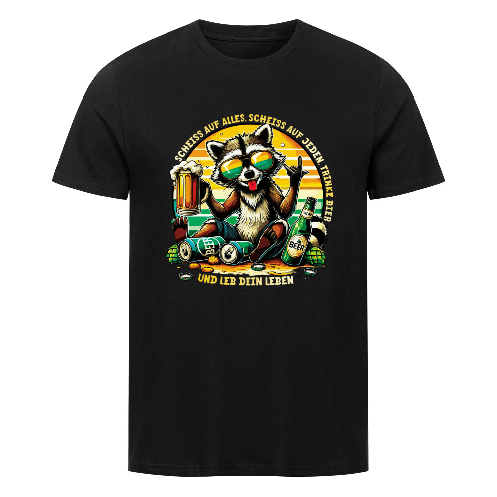 T-Shirt mit lustigem Waschbär-Design, Bierflasche und Rock’n’Roll-Geste – perfekt für Bierliebhaber.