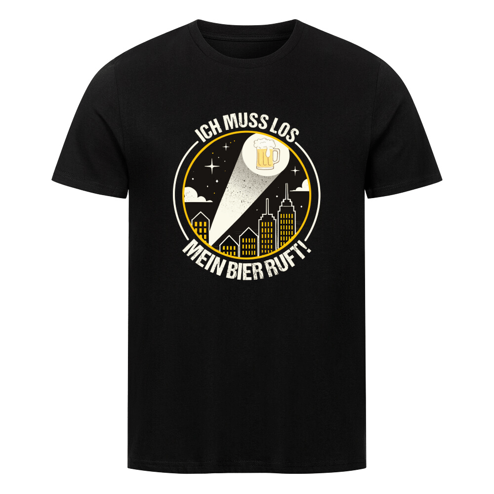 T-Shirt mit rundem Design: Stadtsilhouette, Lichtkegel projiziert Bierglas, Text ‘Ich muss los, mein Bier ruft!’ darunter.