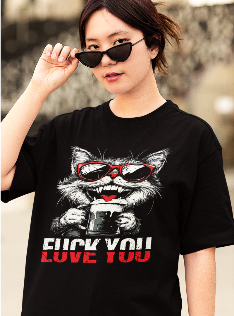 FUCK YOU/LOVE YOU CAT - Oversized T-Shirt - Bierbande