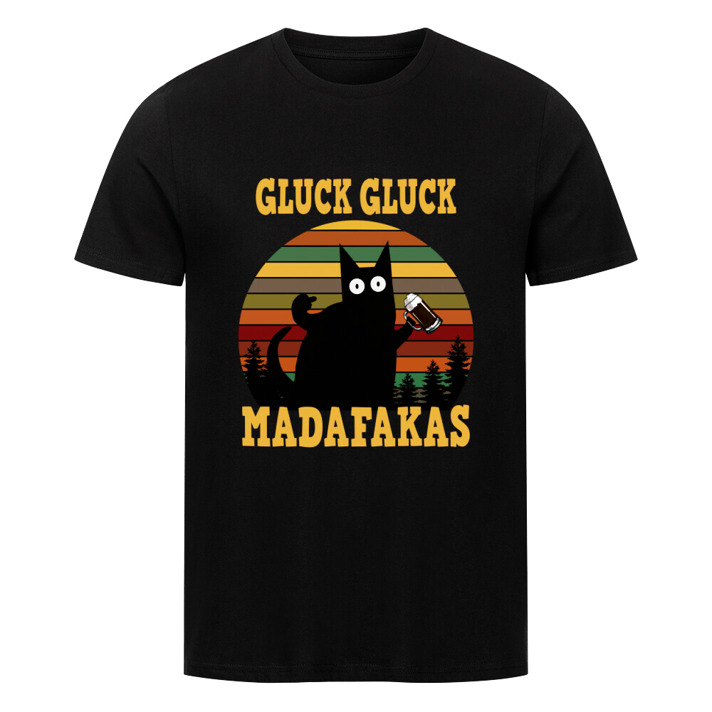 T-Shirt für Bierfreunde: Design mit Katze und Spruch „Gluck Gluck MADAFAKAS“
