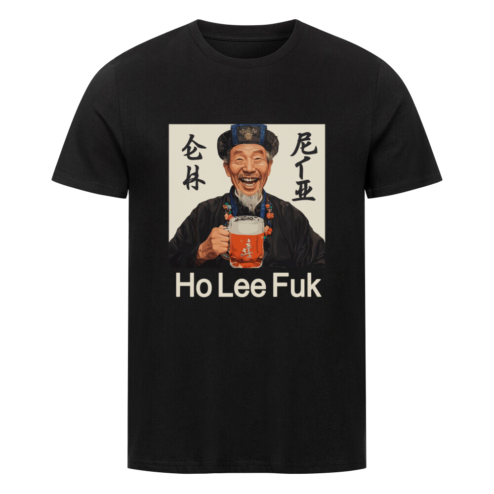 Bier T-Shirt mit Abbildung eines traditonellem Chinesen mit Bier und Spruch „Ho Lee Fuk"