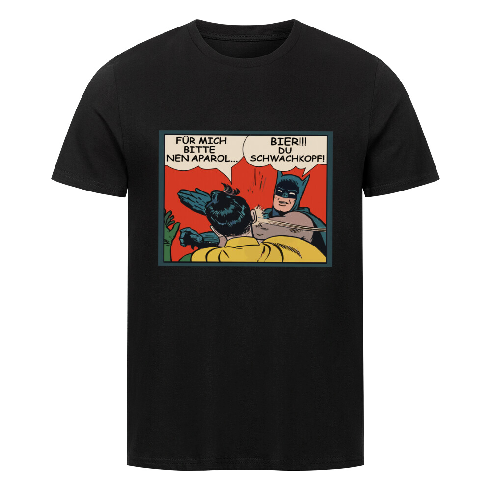 Humorvolles Bier-Motiv auf einem T-Shirt und Batman Abbildung