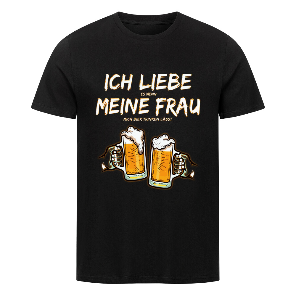 Lustiges T-Shirt mit der Aufschrift „Ich liebe meine Frau – wenn sie mich Bier trinken lässt“ und einem Motiv von zwei anstoßenden Biergläsern.