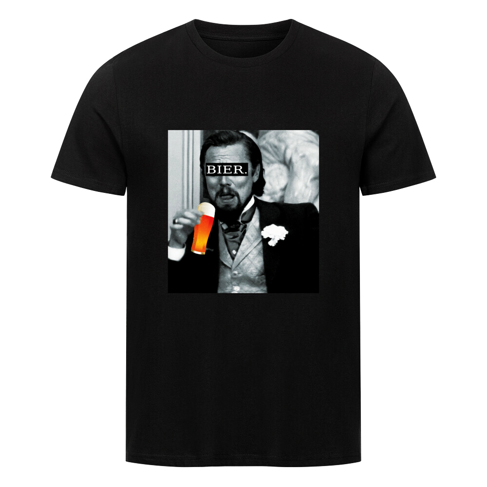 Lustiges Bier T-Shirt mit Leo Di Caprio Meme Abbildung und Bier in der Hand
