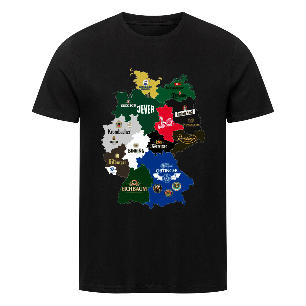 T-Shirt mit Deutschlandkarte und den bekanntesten Biermarken aus jedem Bundesland – Perfekt für Bierliebhaber und Fans deutscher Braukunst.