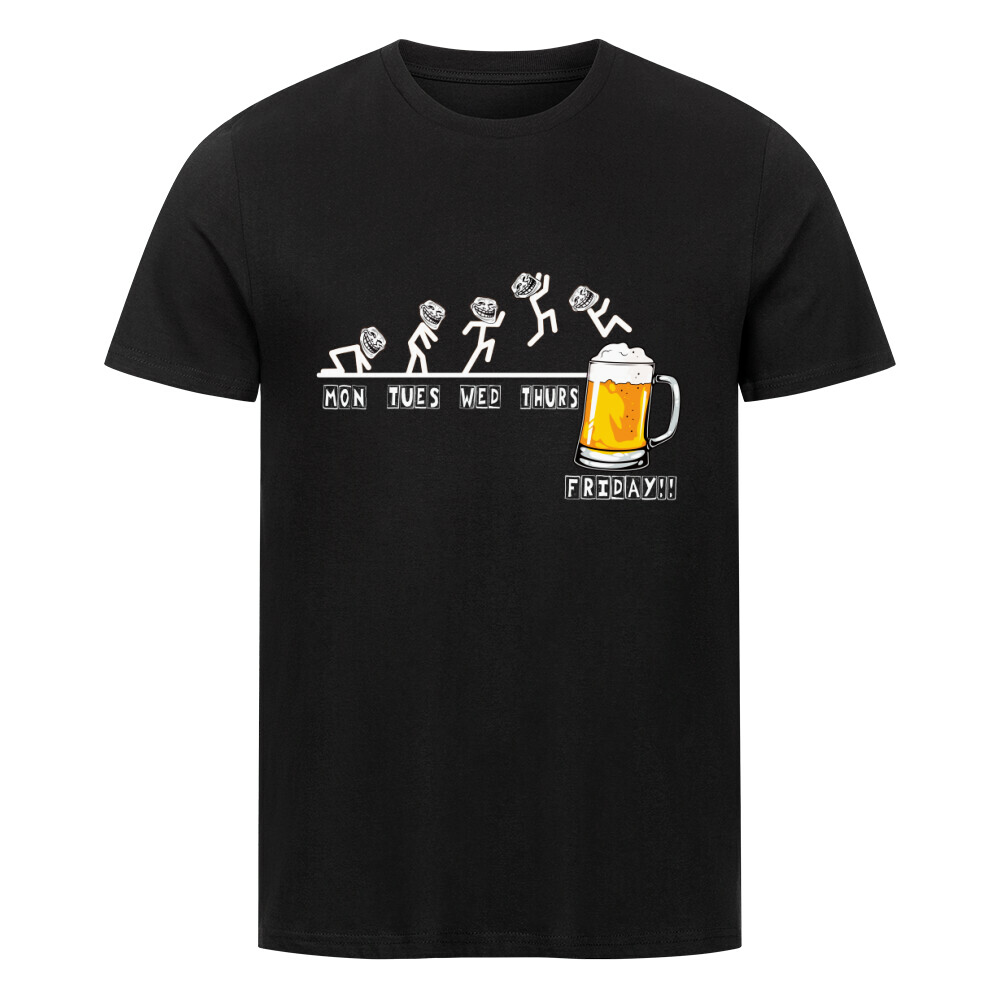 Humorvolles T-Shirt: Strichmännchen zeigen den Wochenverlauf von Montag bis Freitag, mit Troll Face und Sprung ins Bierglas am Freitag.