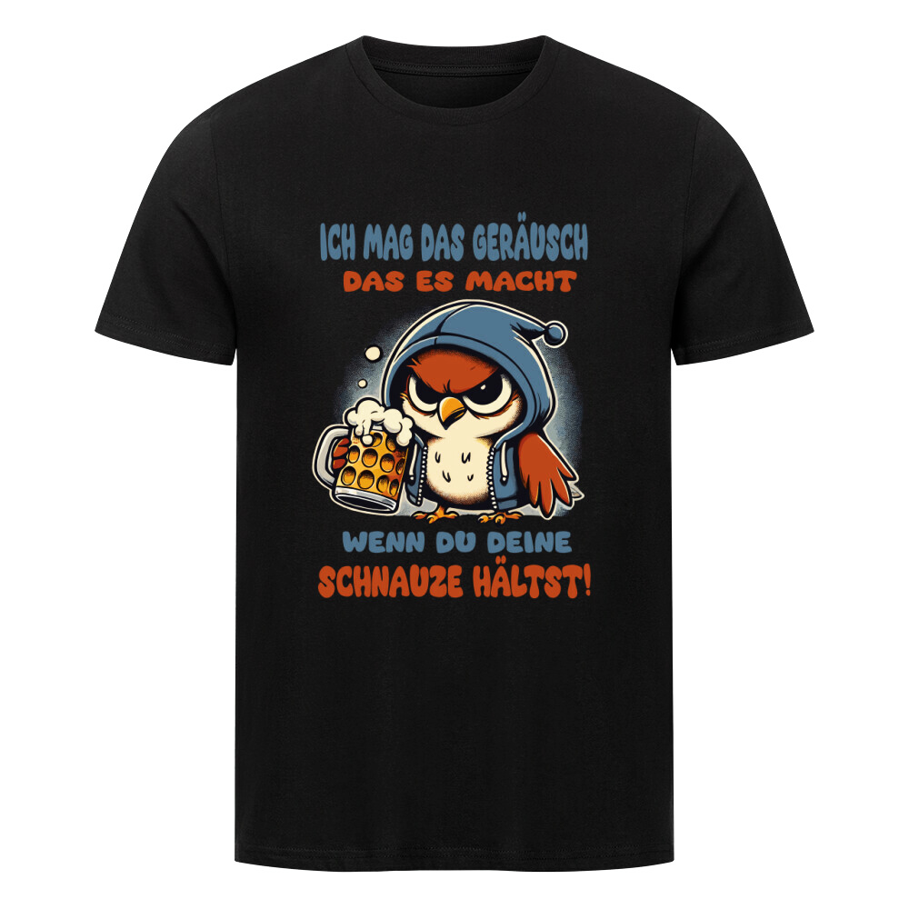Witziges Bier T-Shirt mit Spruch „Ich mag das Geräusch das es macht, wenn du deine Schnauze hältst“ und Vogel-Motiv.