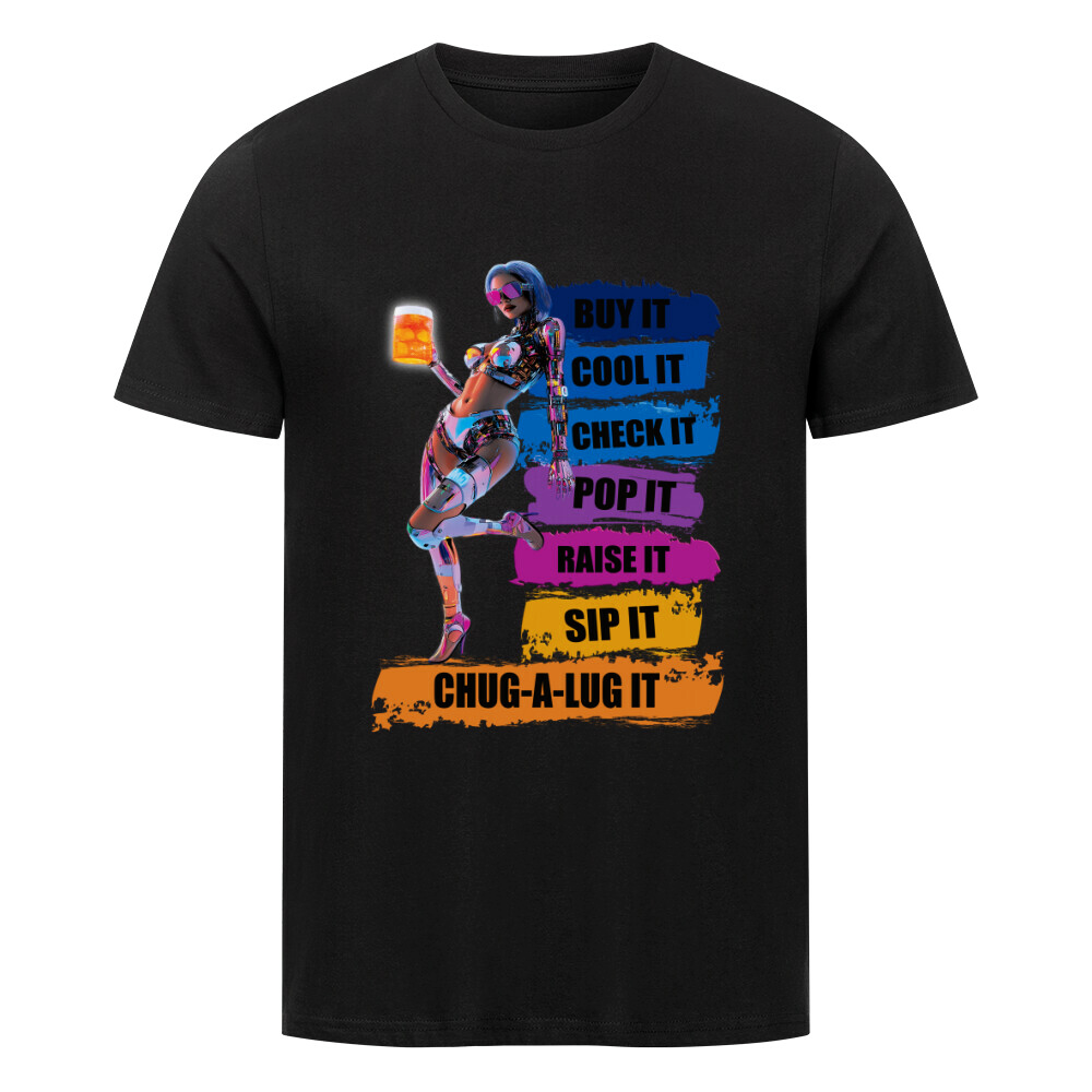 T-Shirt mit Cyberpunk-Frau, die ein Bier in der Hand hält, und der humorvollen Aufschrift: “Buy it, Cool it, Check it, Pop it, Chug-a-Lug it”.