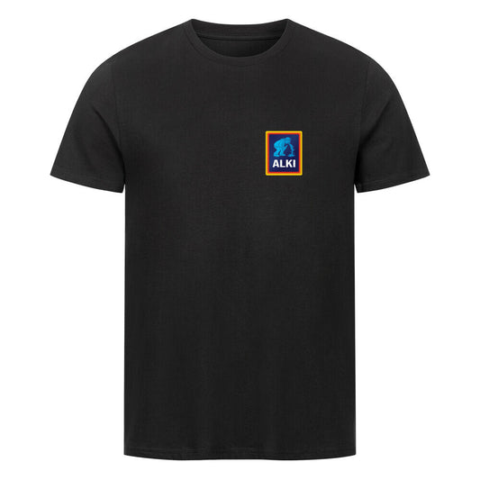 Parodie-T-Shirt im ALDI-Stil mit Schriftzug „ALKI“ und kotzender Figur – witziges Design für Bier- & Festival-Fans.