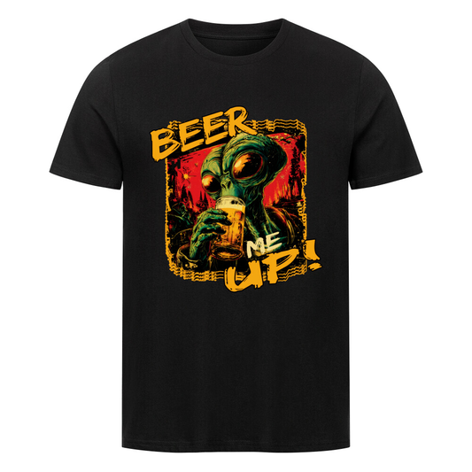 Bier T-Shirt mit Alien, das ein Bier hält, und dem Spruch „BEER ME UP“ – witziges Frontprint-Motiv für Sci-Fi- und Bierfans.