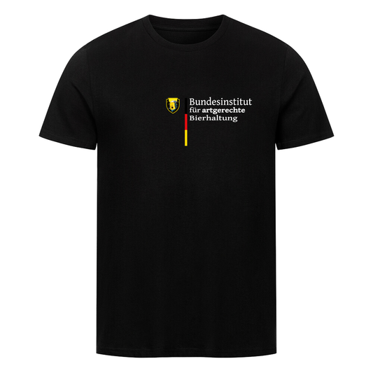T-Shirt mit humorvollem Motiv: Ein Bierglas unter der Sonne und der Text „Bundesinstitut für artgerechte bierhaltung“. Perfekt für Bierliebhaber und Freizeitlooks.