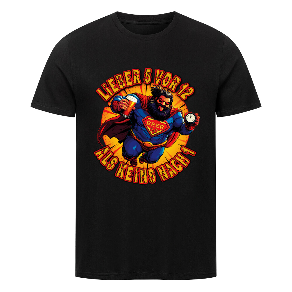 Lustiges Bier-T-Shirt mit Superheld, langen Haaren, Bart, Sonnenbrille, „BEER“-Logo mit Hopfen