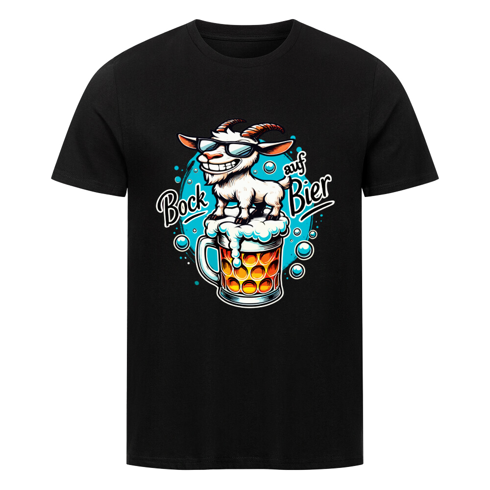 T-Shirt mit Abbildung von lustigem Bock der auf einem Bierglas steht mit Spruch "Bock auf Bier" 
