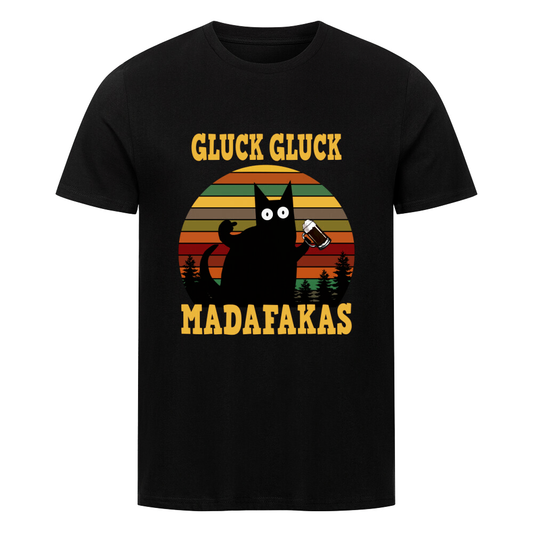 T-Shirt für Bierfreunde: Design mit Katze und Spruch „Gluck Gluck MADAFAKAS“