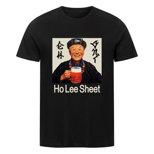 Bier T-Shirt mit Abbildung eines traditonellem Chinesen mit Bier und Spruch „Ho Lee Sheet"