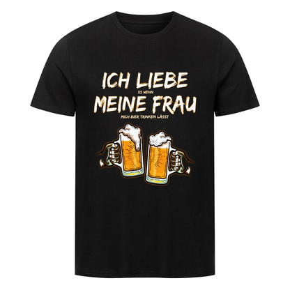 Lustiges T-Shirt mit der Aufschrift „Ich liebe meine Frau – wenn sie mich Bier trinken lässt“ und einem Motiv von zwei anstoßenden Biergläsern.