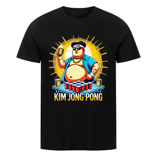 Humorvolles Kim Jong Un Bier-Motiv auf einem T-Shirt für Beerpong Liebhaber.