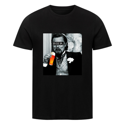 Lustiges Bier T-Shirt mit Leo Di Caprio Meme Abbildung und Bier in der Hand