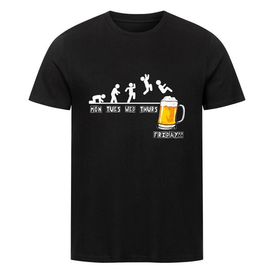 Lustiges T-Shirt mit Montag bis Freitag Design: Strichmännchen springen freitags ins Bierglas. Perfekt für Bierliebhaber und Wochenendfans.