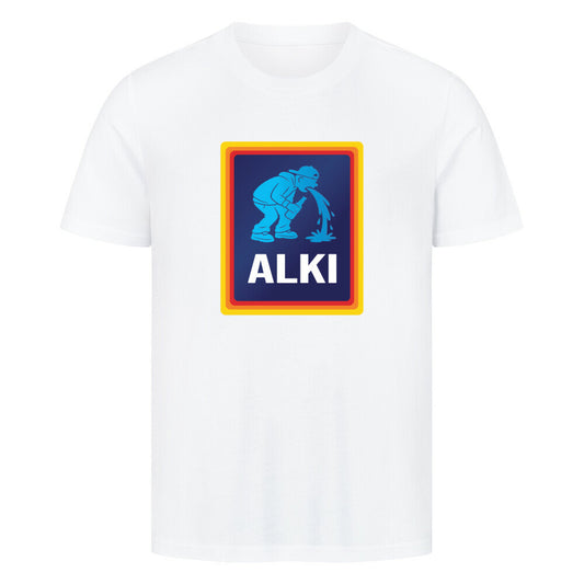 Bier T-Shirt mit großem ALKI-Design im Aldi-Stil und kotzender Figur auf der Brust – witziges Motiv für feierfreudige Bierliebhaber.