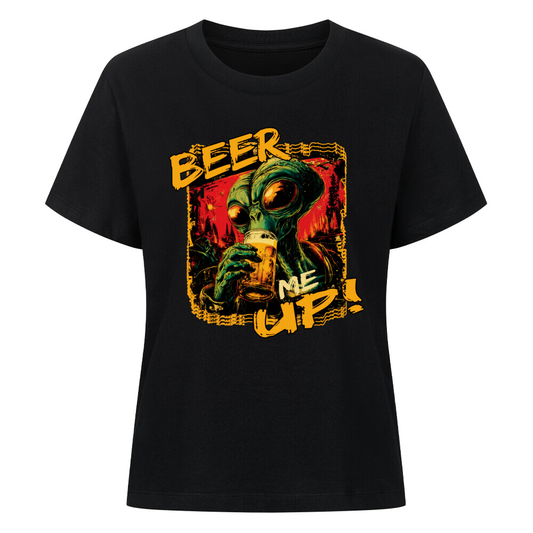 Damen T-Shirt mit Alien, das ein Bier hält, und dem Spruch „BEER ME UP“ – humorvoller Frontprint für stilbewusste Bierfans.