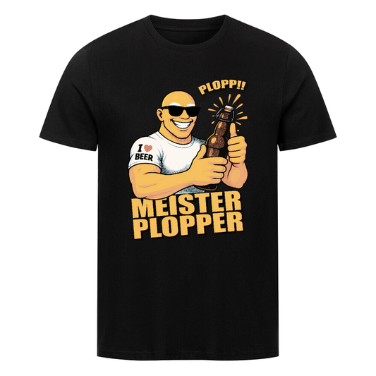 Bier T-Shirt mit Meister Plopper, der lachend ein Bier hält – beim Öffnen ploppt der Kronkorken. Lustiges Motiv für Bierliebhaber.
