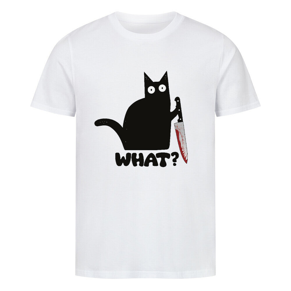 Lustiges Unisex T-Shirt mit schwarzer Katze, blutigen Messer und Schriftzug „What?“ – witziges Shirt mit schwarzem Humor für Katzenfans.